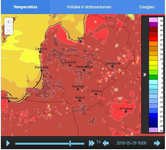 LHMT modeļa prognozētā gaisa temperatūra 29. maija pēcpusdienā